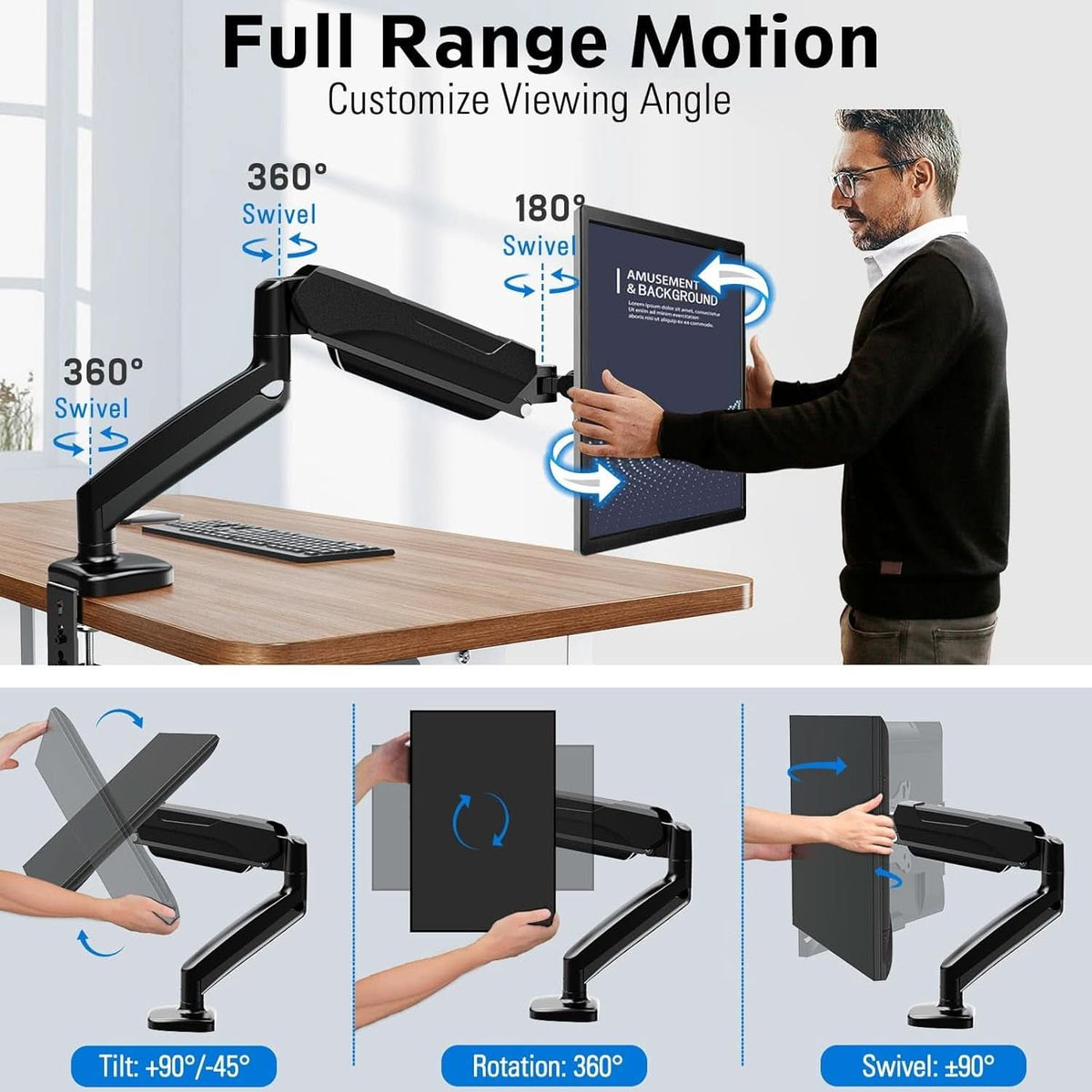 32 Inch Gas Spring Monitor Arm With Clamp VESA Black-3
