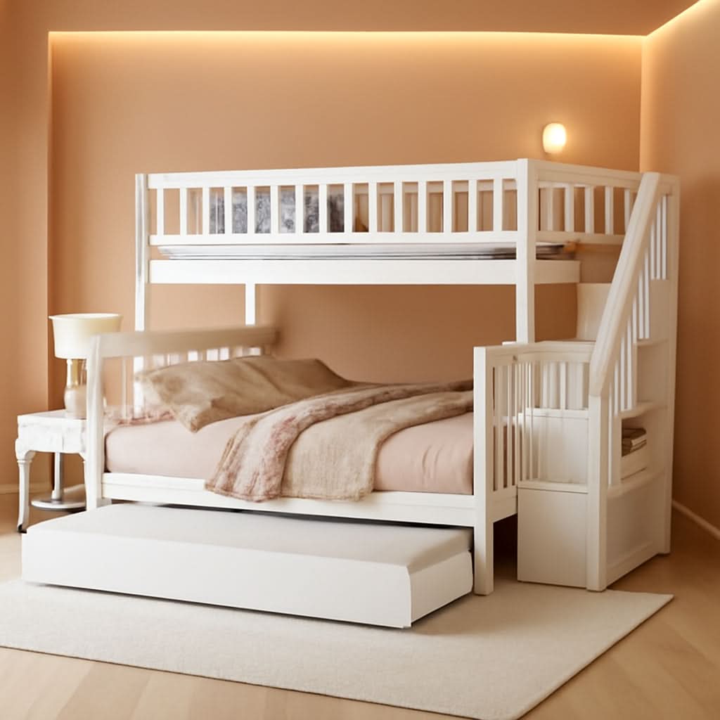 Twin Over Full Bunk Bed With Stairs And Trundle White Wood-0