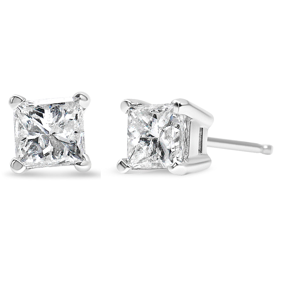 AGS Certified 14k White Gold 1.0 Cttw 4-Prong Set Princess-Cut Solitaire Diamond Push Back Stud Earrings for Women (E-F Color, I1-I2 Clarity)-0
