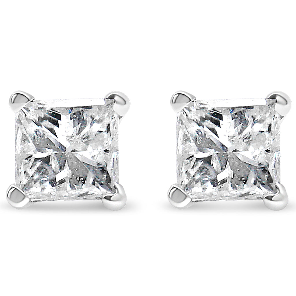 AGS Certified 14k White Gold 1.0 Cttw 4-Prong Set Princess-Cut Solitaire Diamond Push Back Stud Earrings for Women (E-F Color, I1-I2 Clarity)-1
