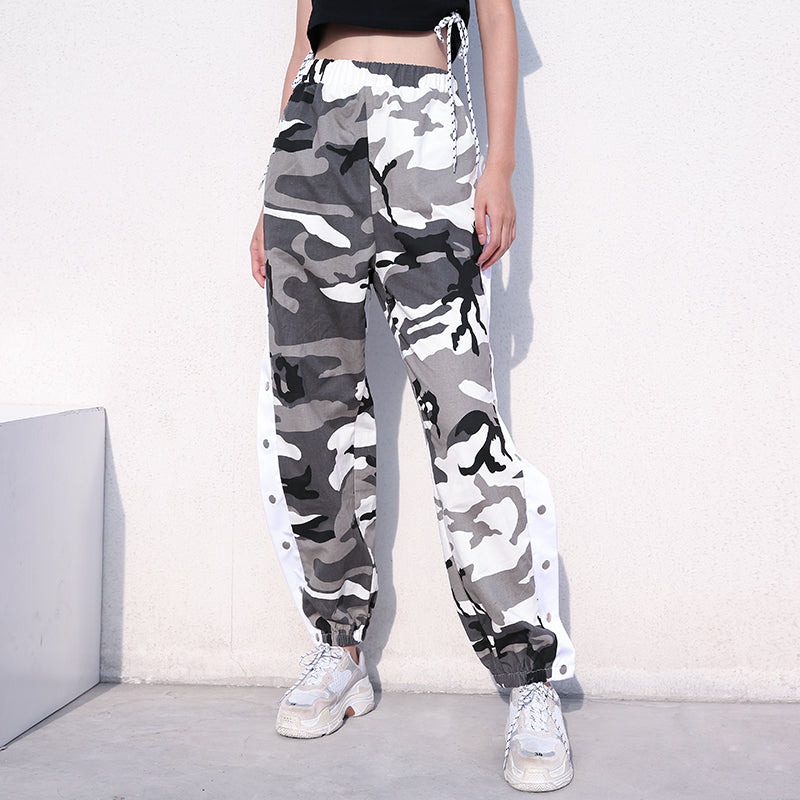 Camo Print High-Waisted Side Button Cuffed Pants