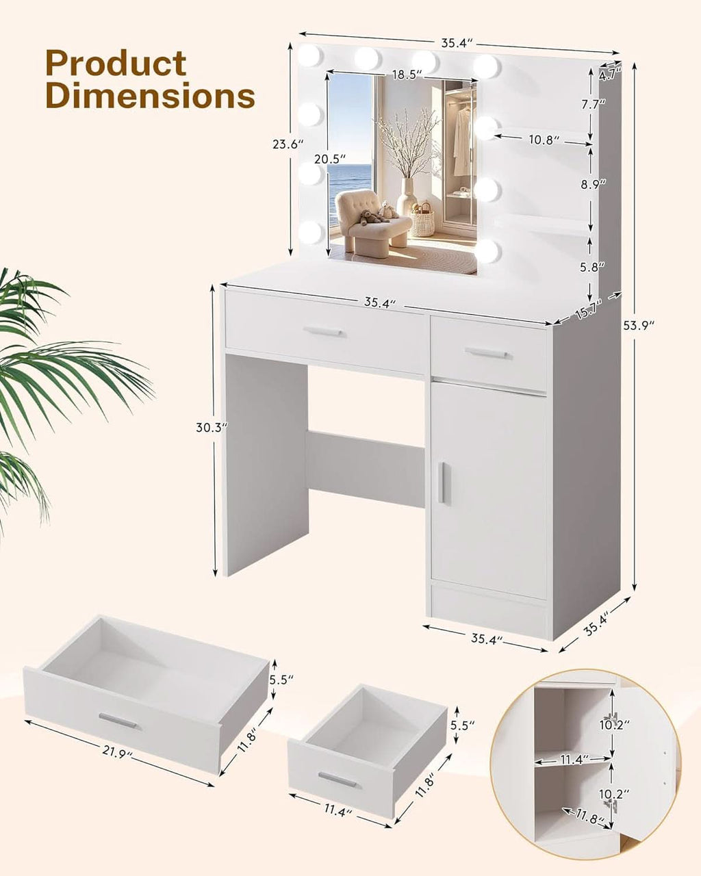 Luxurious White Vanity Desk Featuring Dimmable Mirror-3