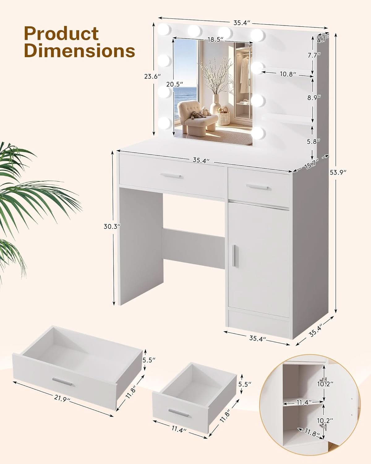 Luxurious White Vanity Desk Featuring Dimmable Mirror-3