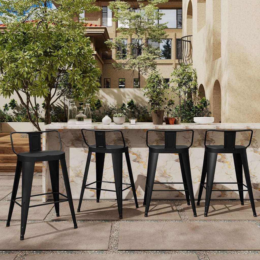 24 Inch Black Outdoor Metal Bar Stools Set of 4 Counter Height Large Ergonomic Seats-1