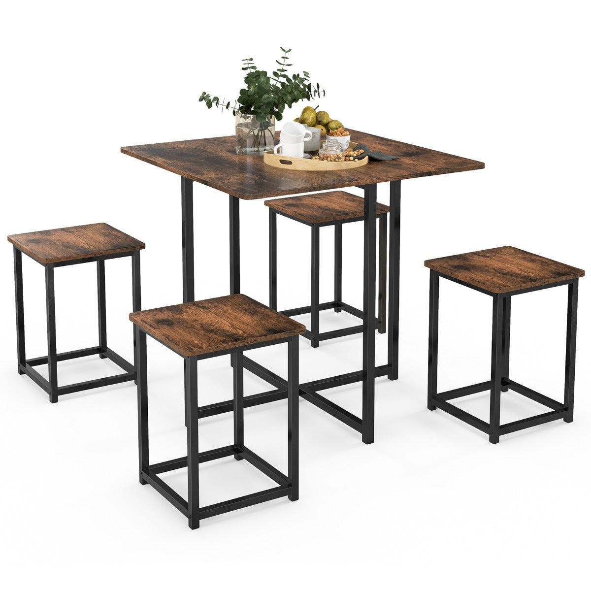NNECW 5-Piece Dining Table Set with 4 Square Stools for Small Space-Brown-1