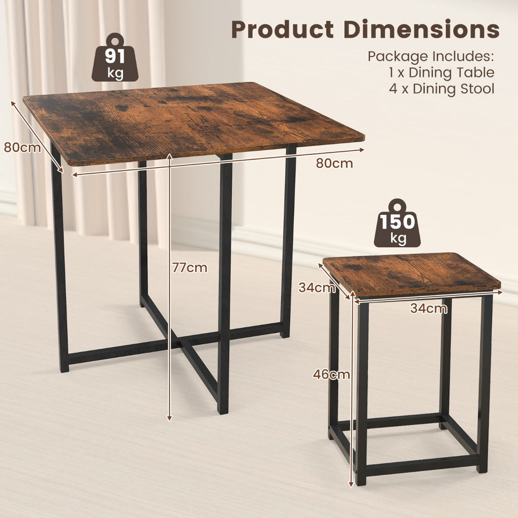 NNECW 5-Piece Dining Table Set with 4 Square Stools for Small Space-Brown-3