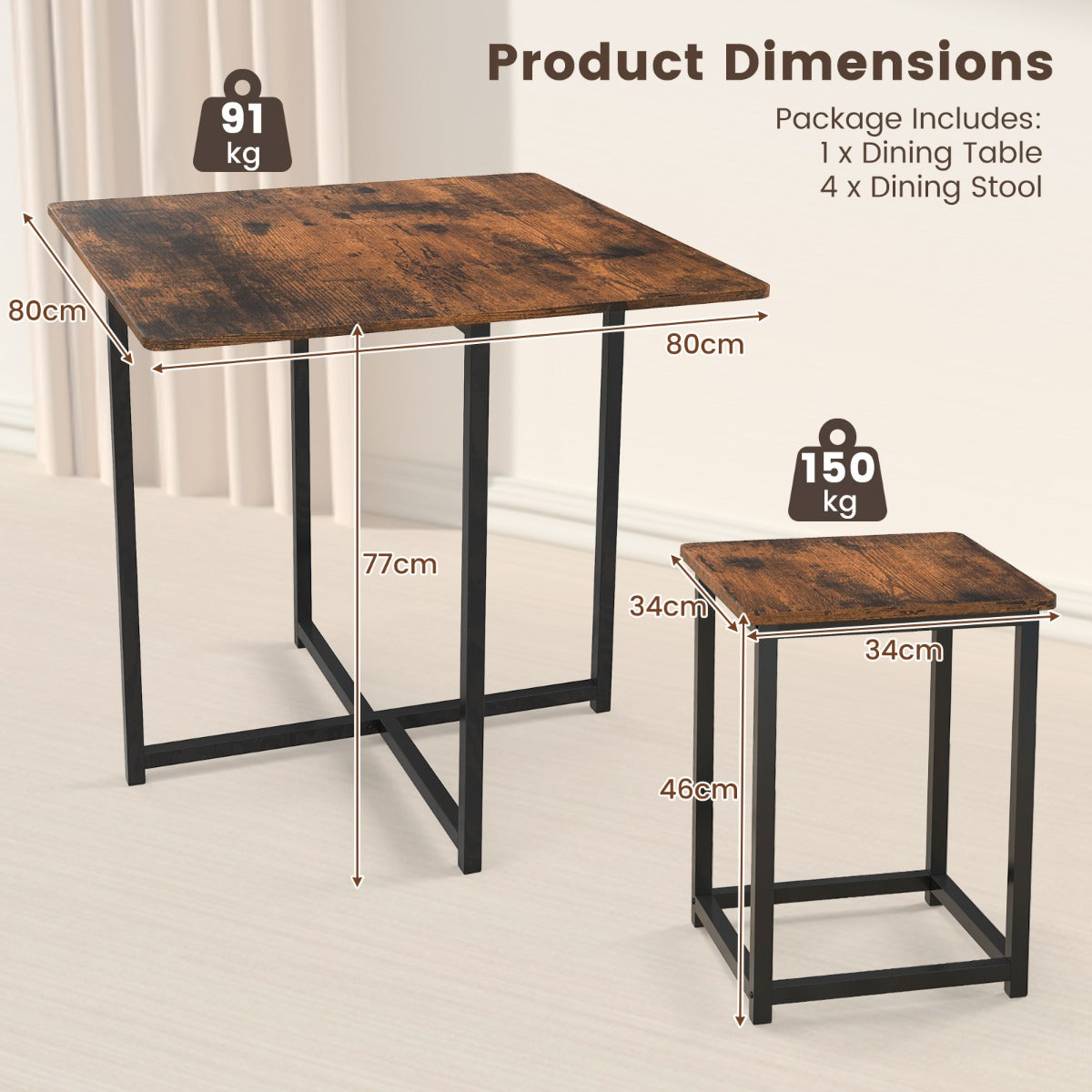 NNECW 5-Piece Dining Table Set with 4 Square Stools for Small Space-Brown-3