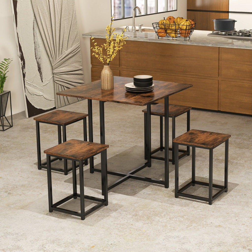 NNECW 5-Piece Dining Table Set with 4 Square Stools for Small Space-Brown-0
