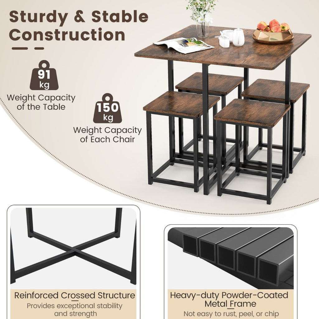 NNECW 5-Piece Dining Table Set with 4 Square Stools for Small Space-Brown-4