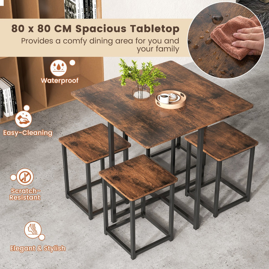NNECW 5-Piece Dining Table Set with 4 Square Stools for Small Space-Brown-2