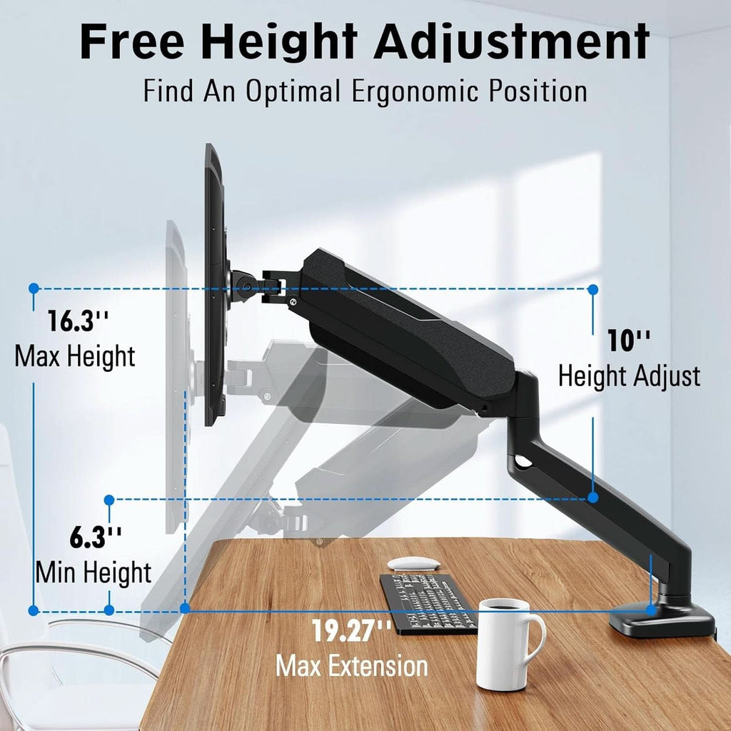 32 Inch Gas Spring Monitor Arm With Clamp VESA Black-4