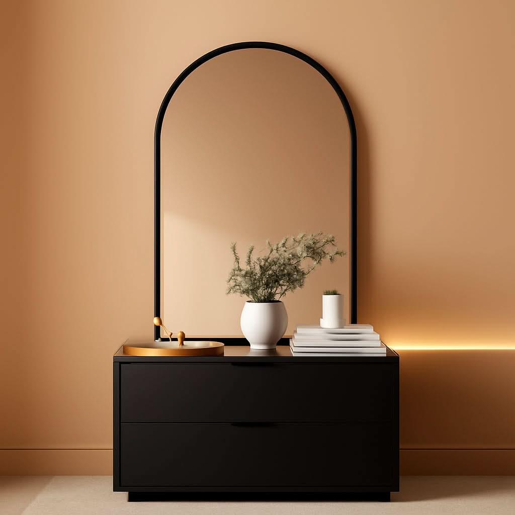 Black Arched Wall Mirror 42x24 Inches With Iron Frame-0