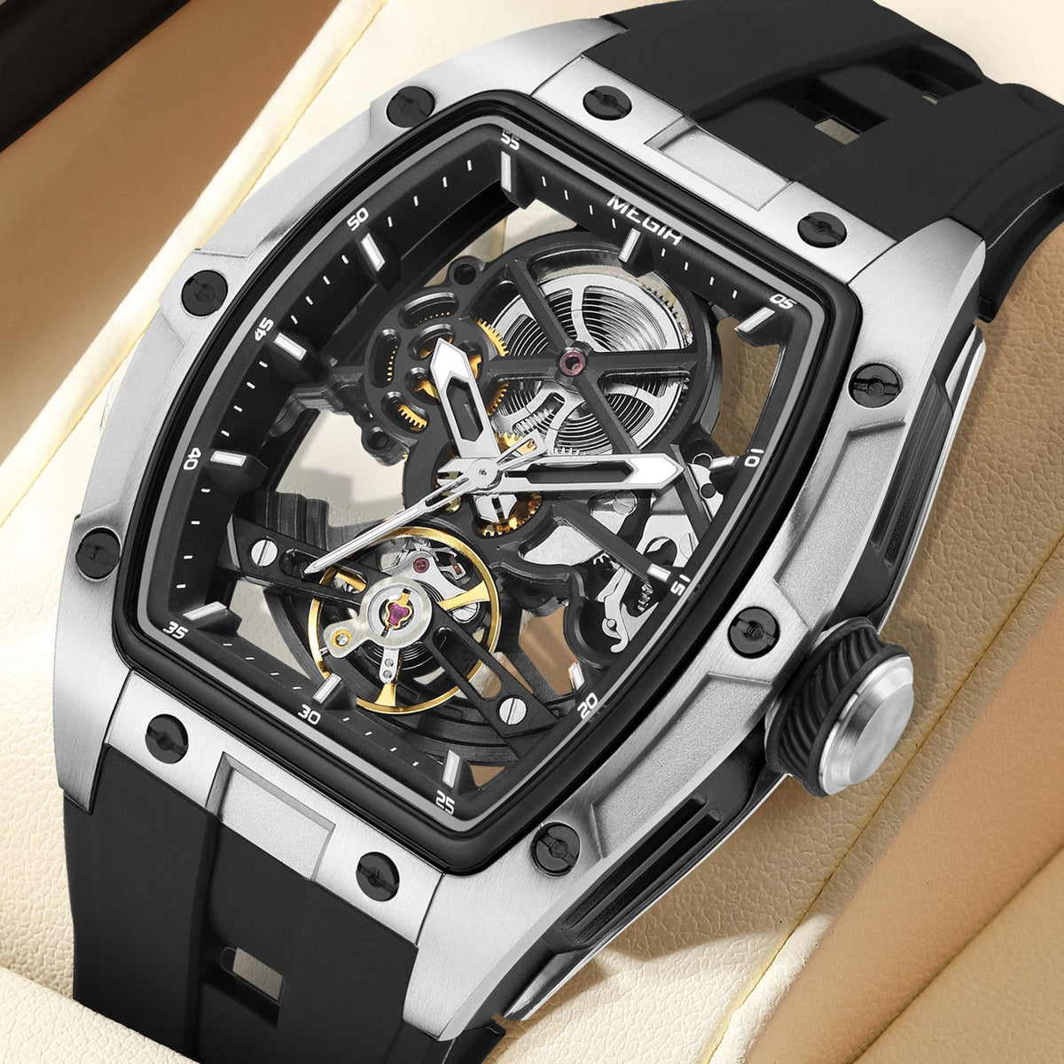 MEGIR Original Fashion Men Watches Automatic Mechanical Watch Steel Case Sport Skeleton Dial Wristwatch Waterproof Clock Reloj Hombre 2242-1