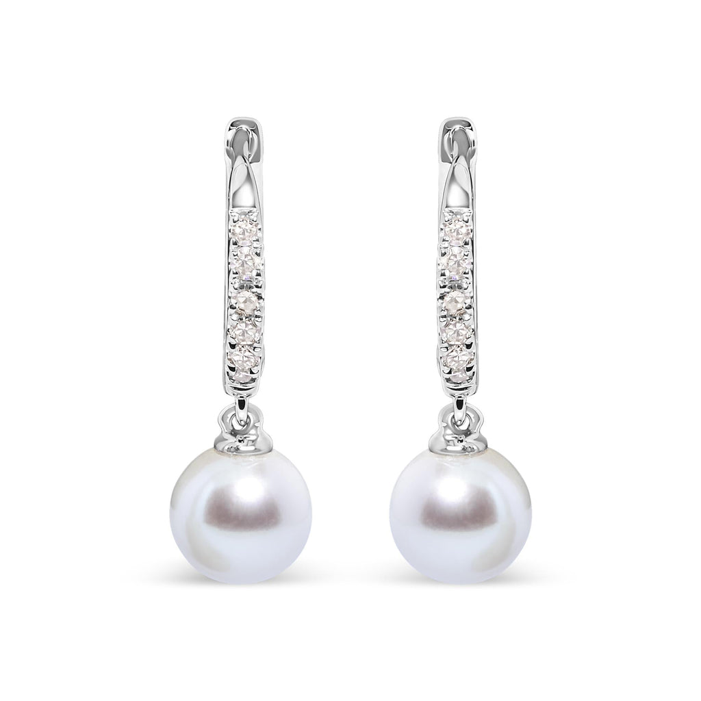 10K White Gold 6x6 MM Cultured Freshwater Pearl and Diamond Accent Drop Huggy Earring (H-I Color, I1-I2 Clarity)-0