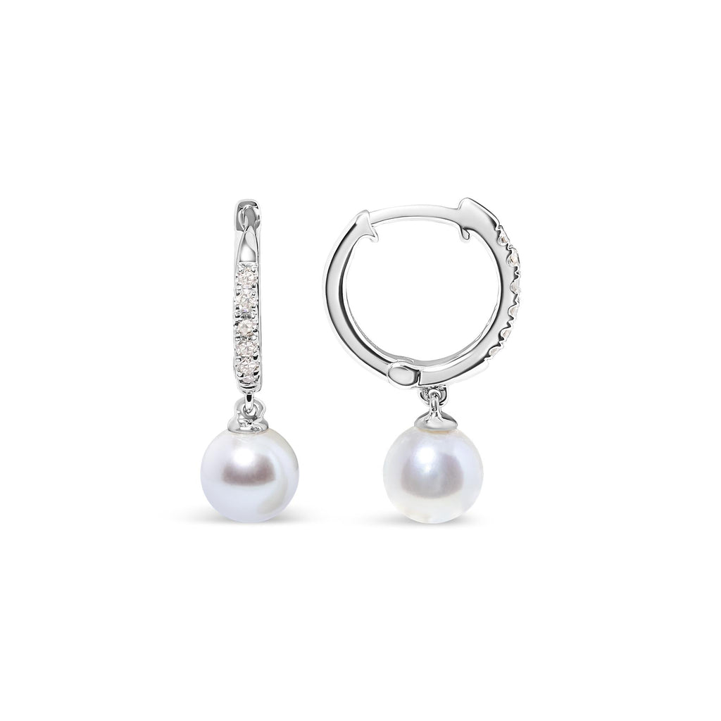 10K White Gold 6x6 MM Cultured Freshwater Pearl and Diamond Accent Drop Huggy Earring (H-I Color, I1-I2 Clarity)-3
