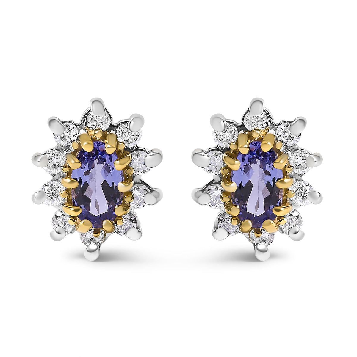 14K Yellow Gold 1/4 Cttw Diamond and Blue Purple Tanzanite Sunburst Halo Stud Earrings (K-L Color, I1-I2 Clarity)