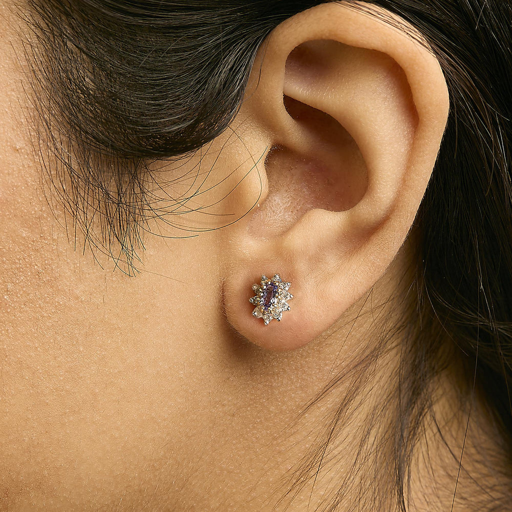 14K Yellow Gold 1/4 Cttw Diamond and Blue Purple Tanzanite Sunburst Halo Stud Earrings (K-L Color, I1-I2 Clarity)