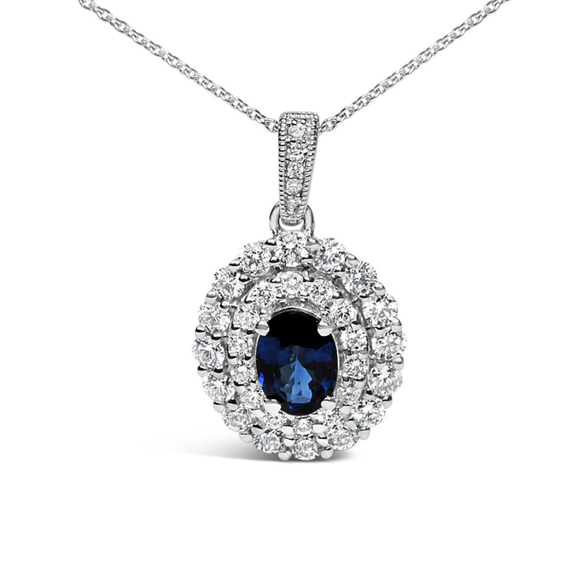 14K White Gold Oval Blue Sapphire and 3/4 Cttw Diamond Halo Pendant Necklace-1