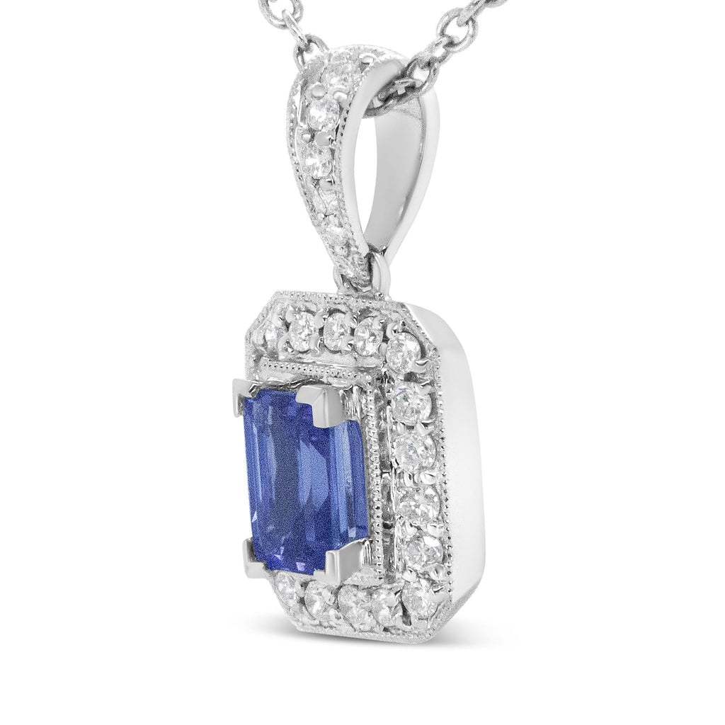 18K White Gold 1/4 Cttw Round Diamond and 6x4mm Purple Tanzanite Halo 18" Pendant Necklace (H-I Color, VS1-VS2 Clarity)-1