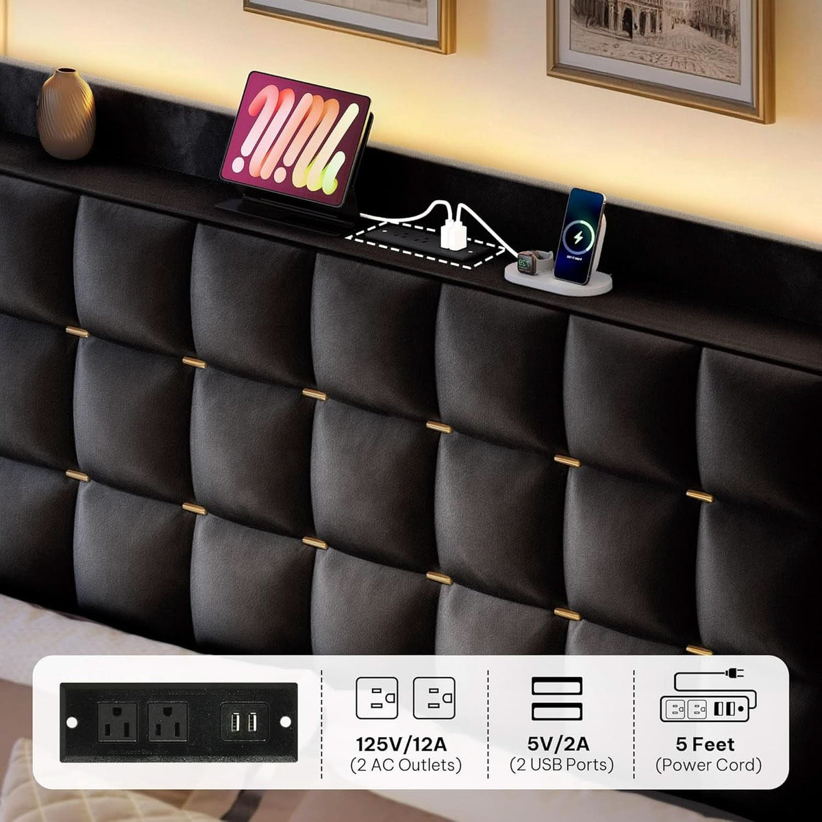 King Size Black Bed Frame Storage Drawers Charging Station-3
