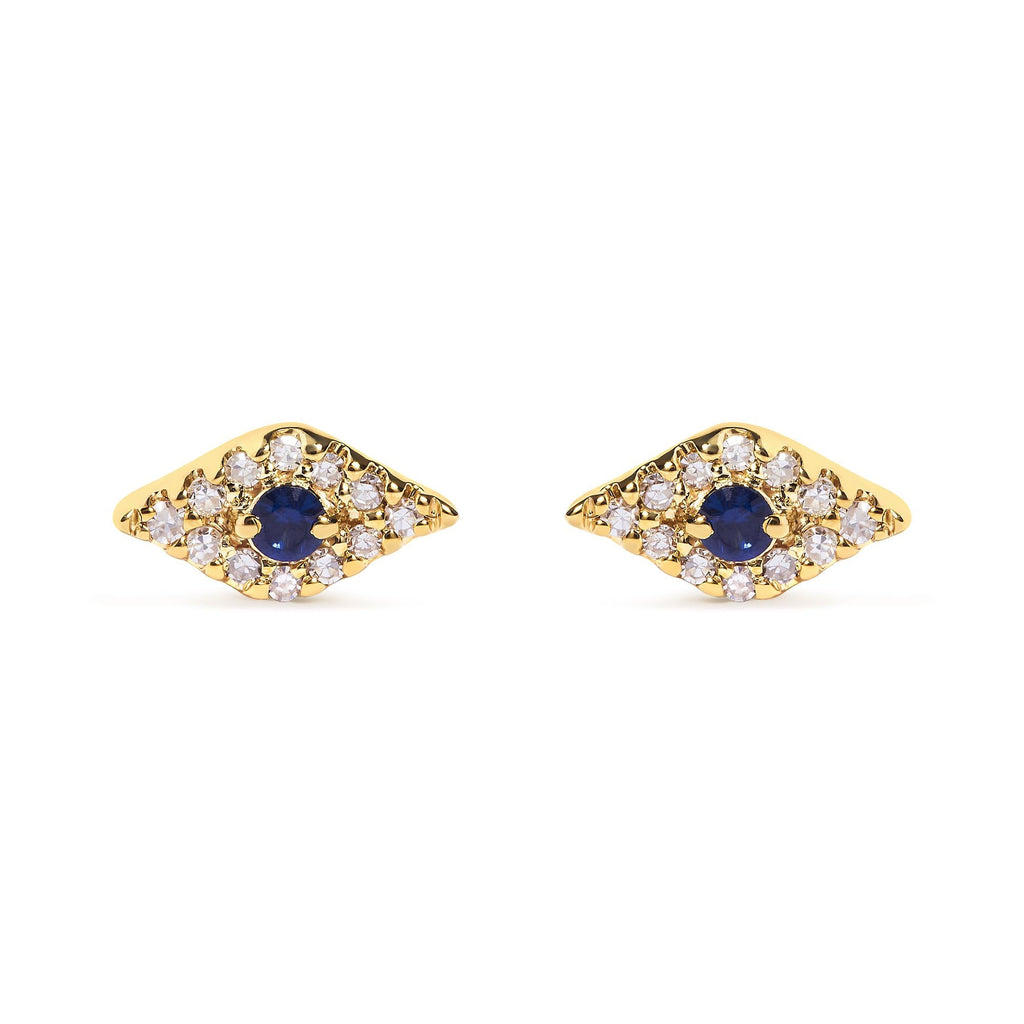 10K Yellow Gold Blue Sapphire and Diamond Accent Evil Eye Stud Earring (H-I Color, I1-I2 Clarity)-0