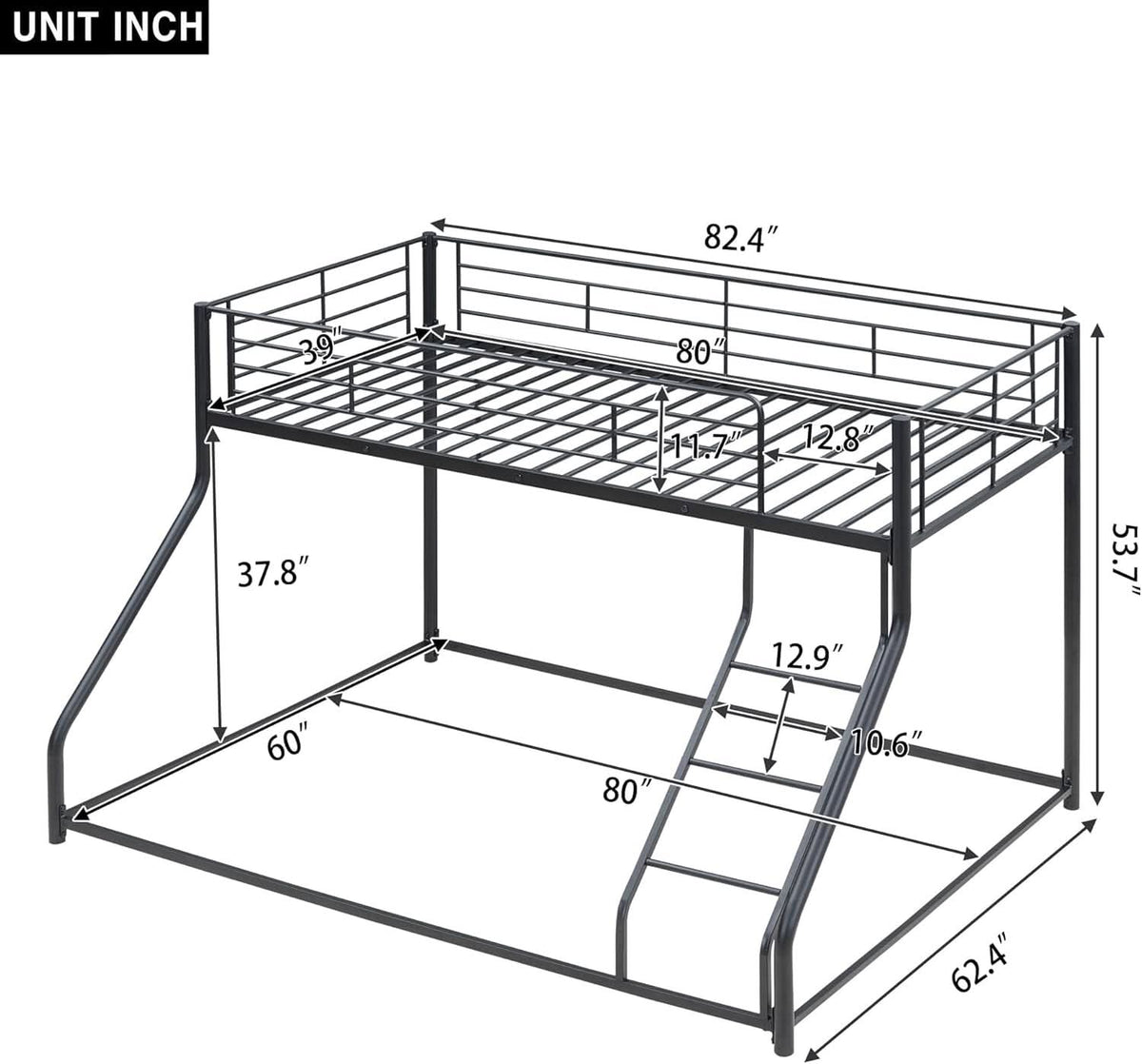 Heavy Duty Twin Over Queen Metal Bunk Bed In Black-1