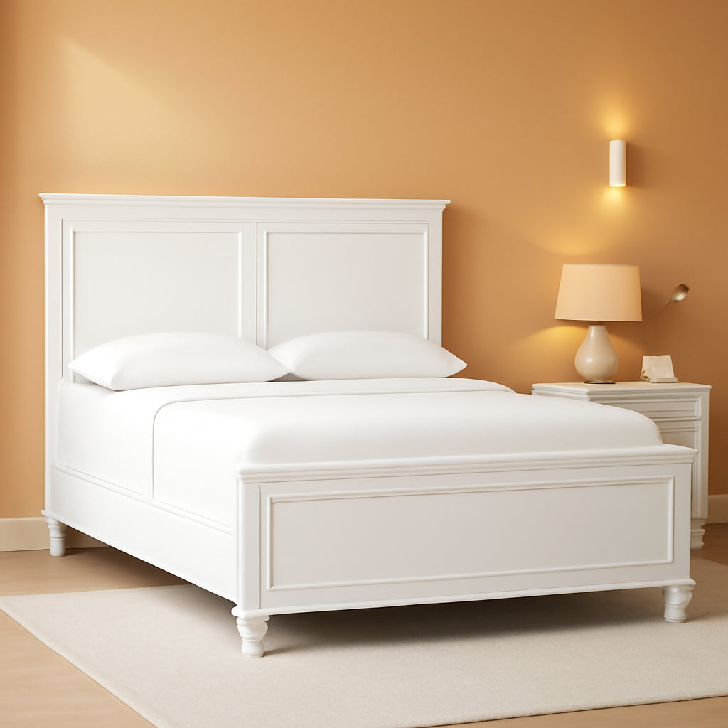 Queen Panel Bed White With Sculpted Ornate Tapered Feet