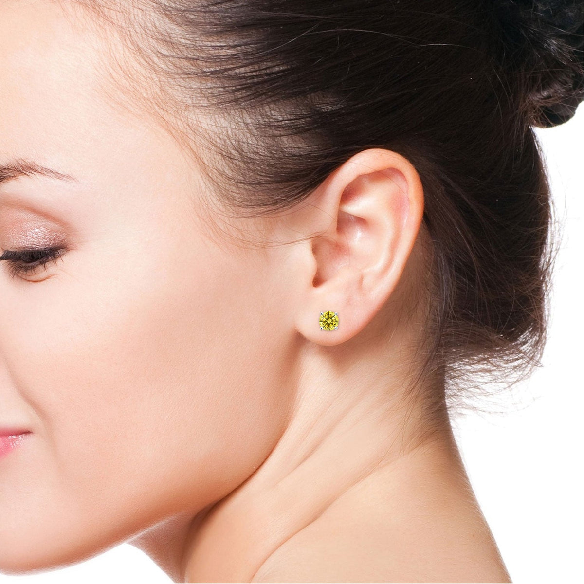 AGI Certified 1.50 CTW Fancy Yellow Lab-Grown Diamond Solitaire Stud Earrings in 14K Gold-4