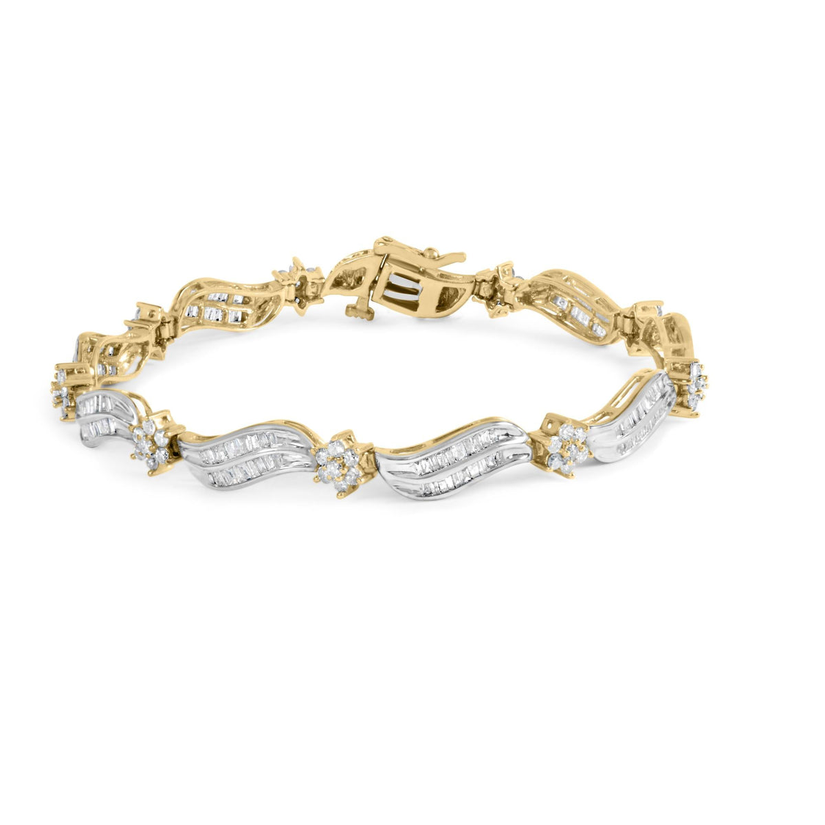 10K Yellow and White Gold 3.00 Cttw Diamond Cluster and Wave Link Bracelet (I-J Color, I1-I2 Clarity) - 7.25"-0