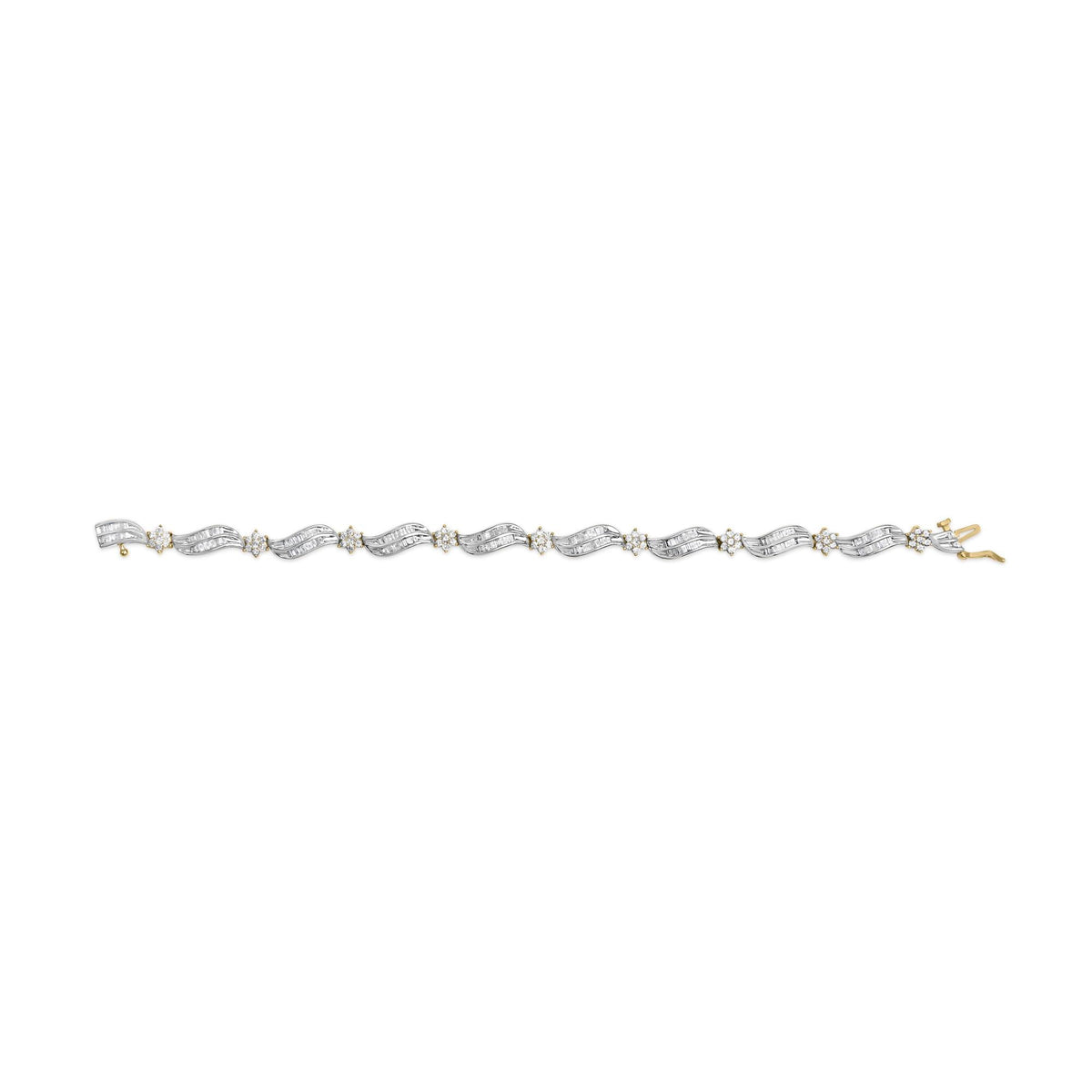 10K Yellow and White Gold 3.00 Cttw Diamond Cluster and Wave Link Bracelet (I-J Color, I1-I2 Clarity) - 7.25"-4