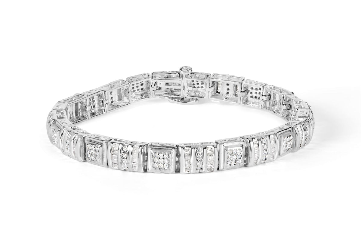 10K White Gold Round and Baguette Cut Diamond Bracelet (2.00 cttw, H-I Color, I2-I3 Clarity)-0