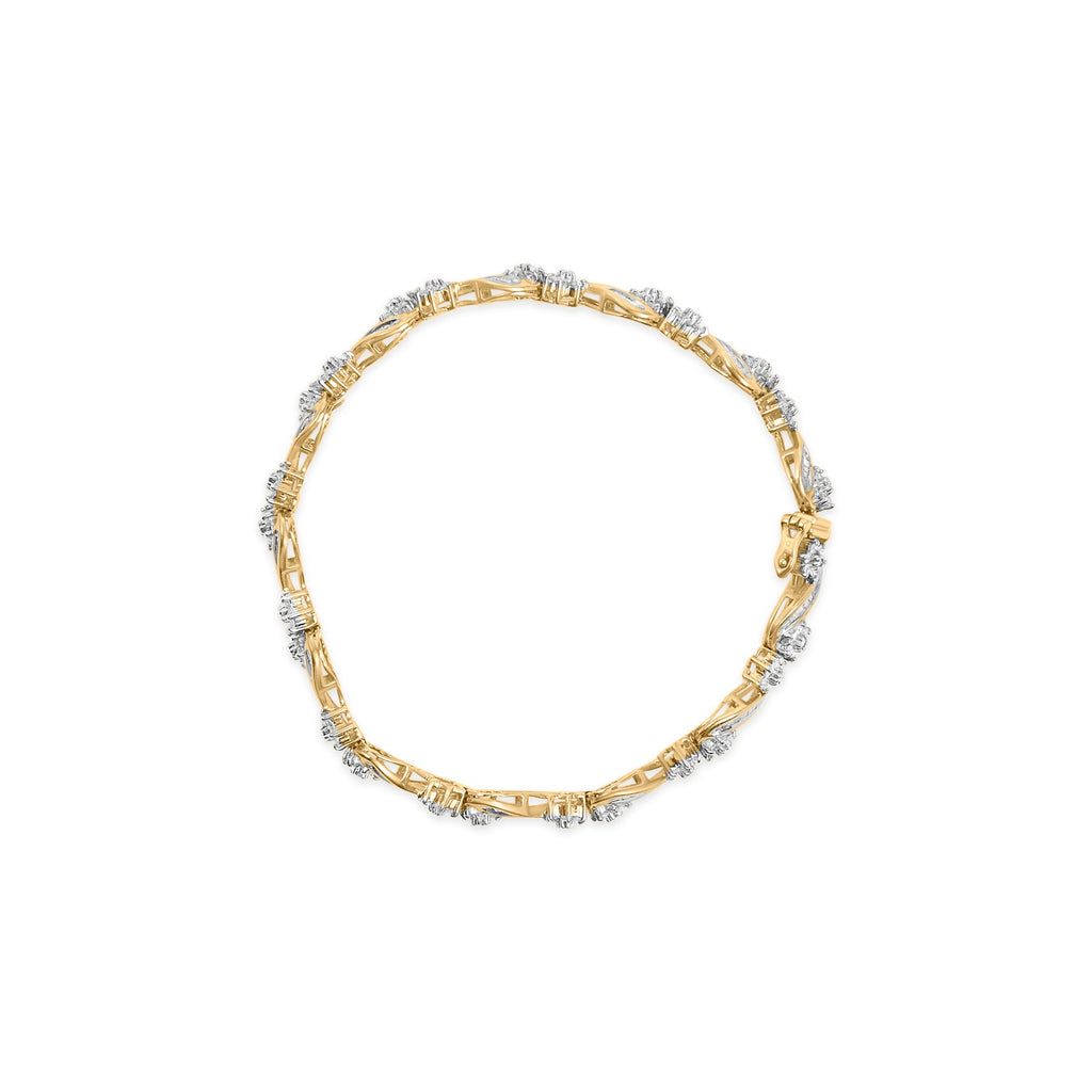 10k Yellow Gold 3.00 Cttw Round-Cut and Baguette-Cut Floral Link 7.25" Bracelet (I-J Color, I1-I2 Clarity)-3