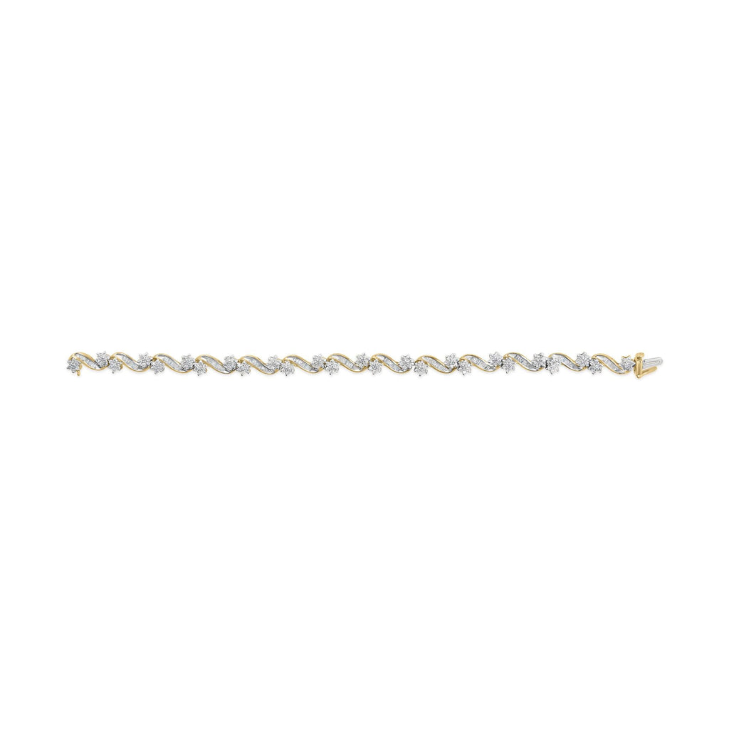 10k Yellow Gold 3.00 Cttw Round-Cut and Baguette-Cut Floral Link 7.25" Bracelet (I-J Color, I1-I2 Clarity)-4