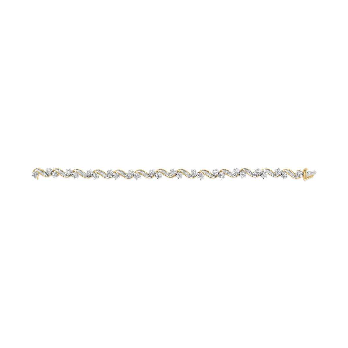 10k Yellow Gold 3.00 Cttw Round-Cut and Baguette-Cut Floral Link 7.25" Bracelet (I-J Color, I1-I2 Clarity)-4