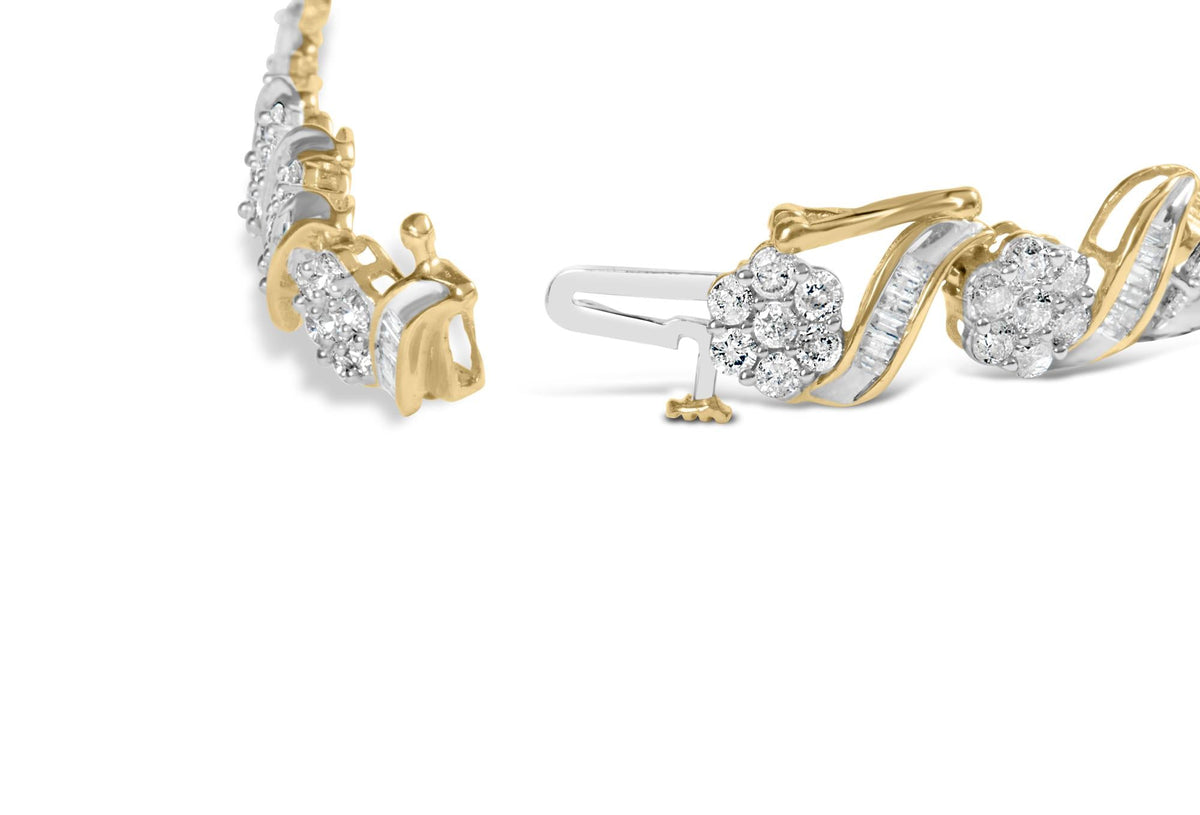 10k Yellow Gold 5.00 Cttw Round-Cut and Baguette-Cut Diamond Floral Link 7.25" Bracelet (I-J Color, I2-I3 Clarity)-1