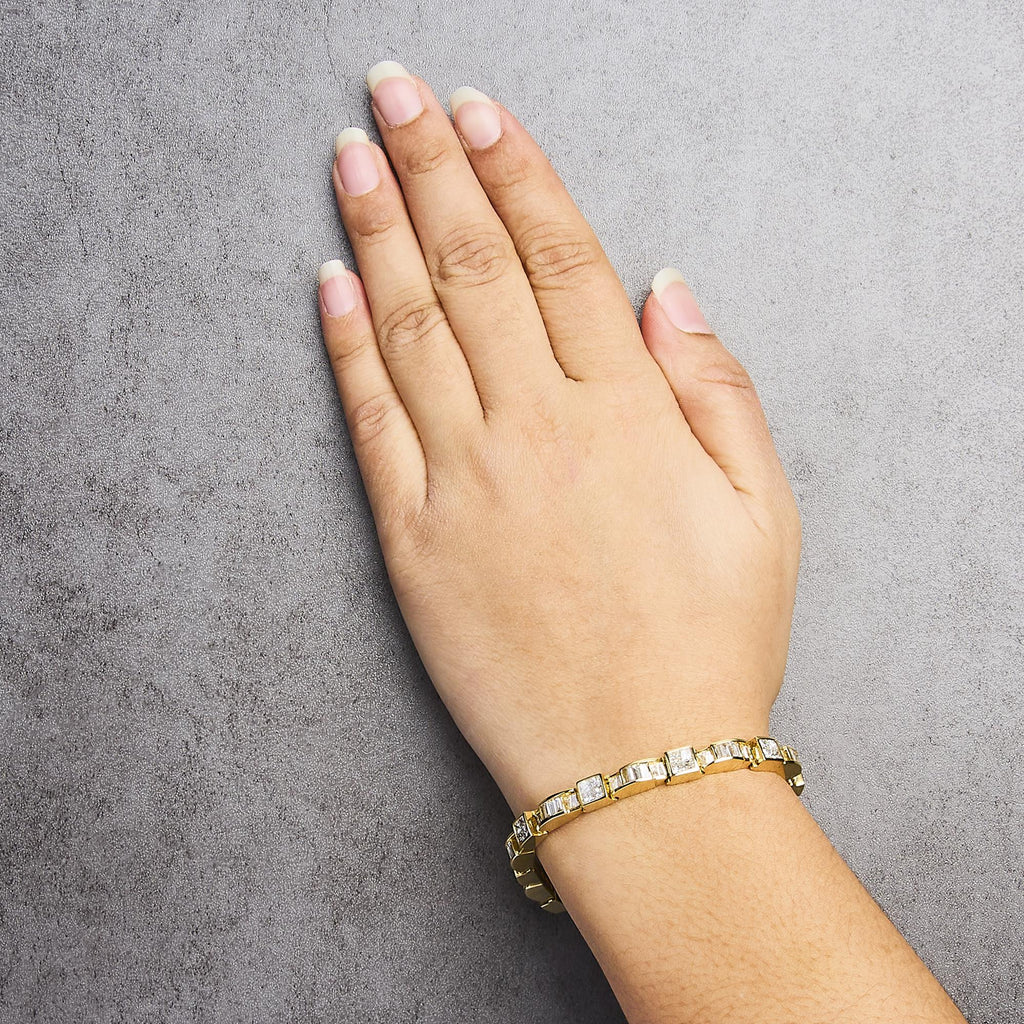 14K Yellow Gold 7.0 Cttw Baguette Cut Diamond Alternating Box and Wave Link Bracelet (G-H Color, VS1-VS2 Clarity) - 7" Inches