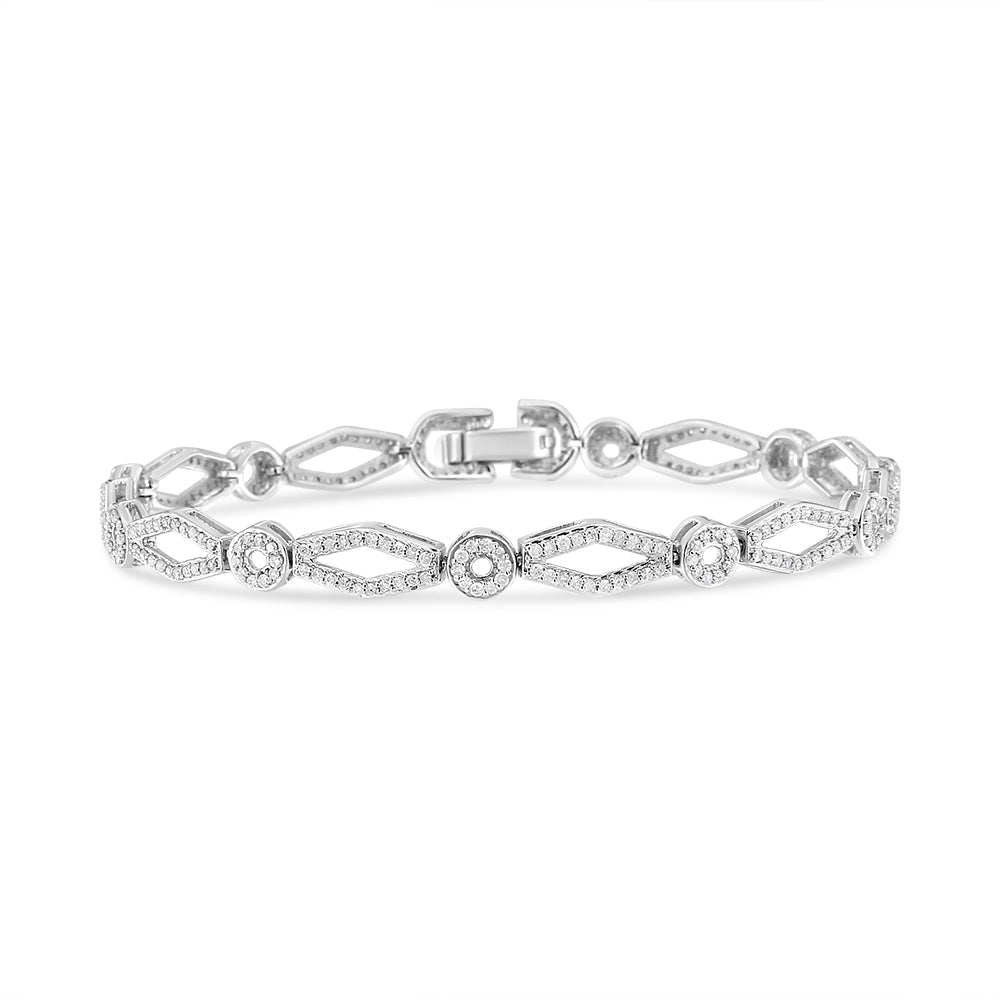 .925 Sterling Silver 1 1/2 Cttw Diamond Studded Alternating Circle and Kite-Shaped Vintage-Style Link Bracelet (I-J Color, I2-I3 Clarity) 7 Inch-1