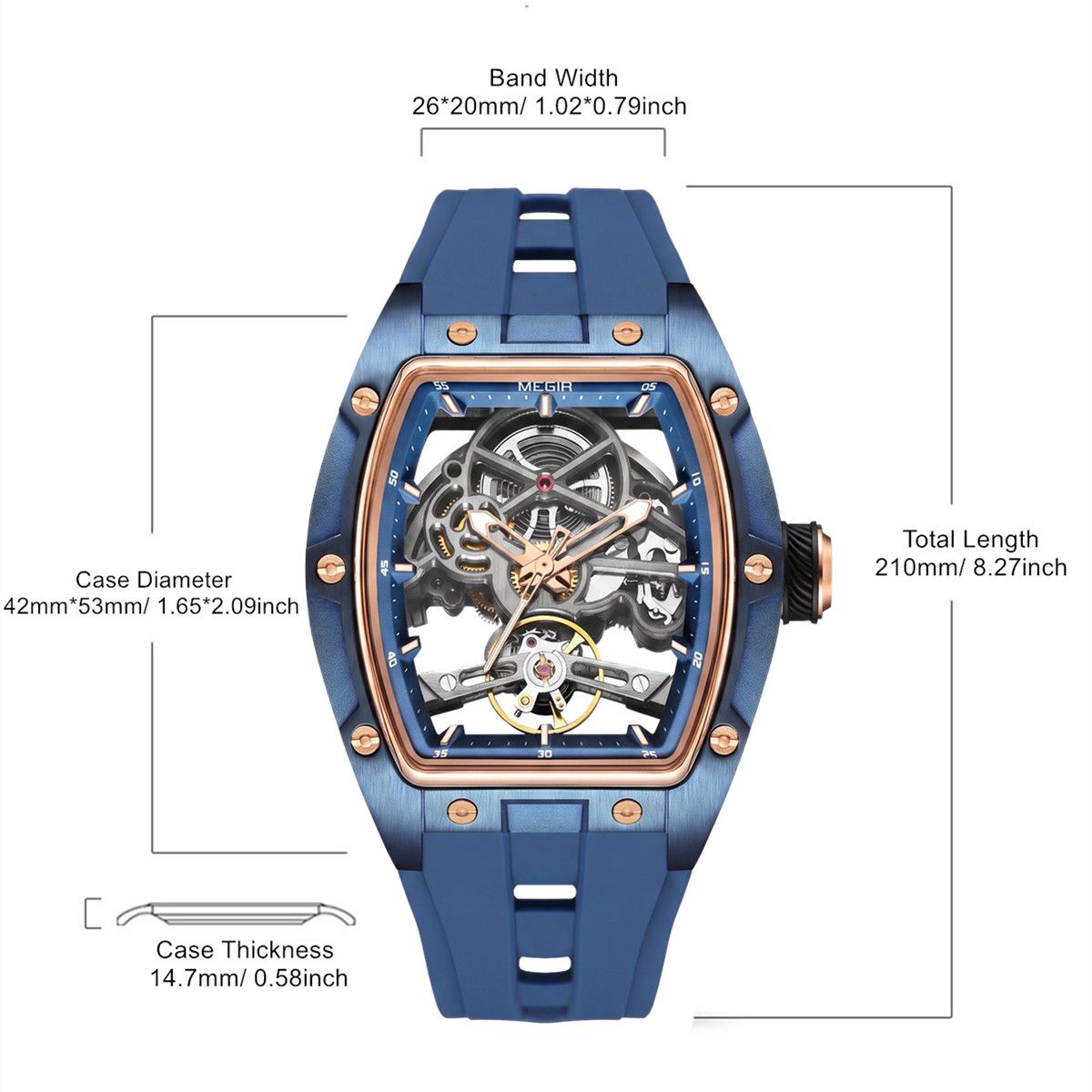 MEGIR Original Fashion Men Watches Automatic Mechanical Watch Steel Case Sport Skeleton Dial Wristwatch Waterproof Clock Reloj Hombre 2242-11