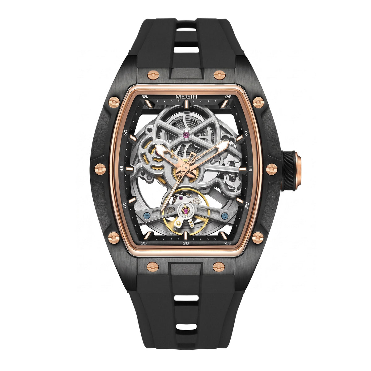 MEGIR Original Fashion Men Watches Automatic Mechanical Watch Steel Case Sport Skeleton Dial Wristwatch Waterproof Clock Reloj Hombre 2242-14