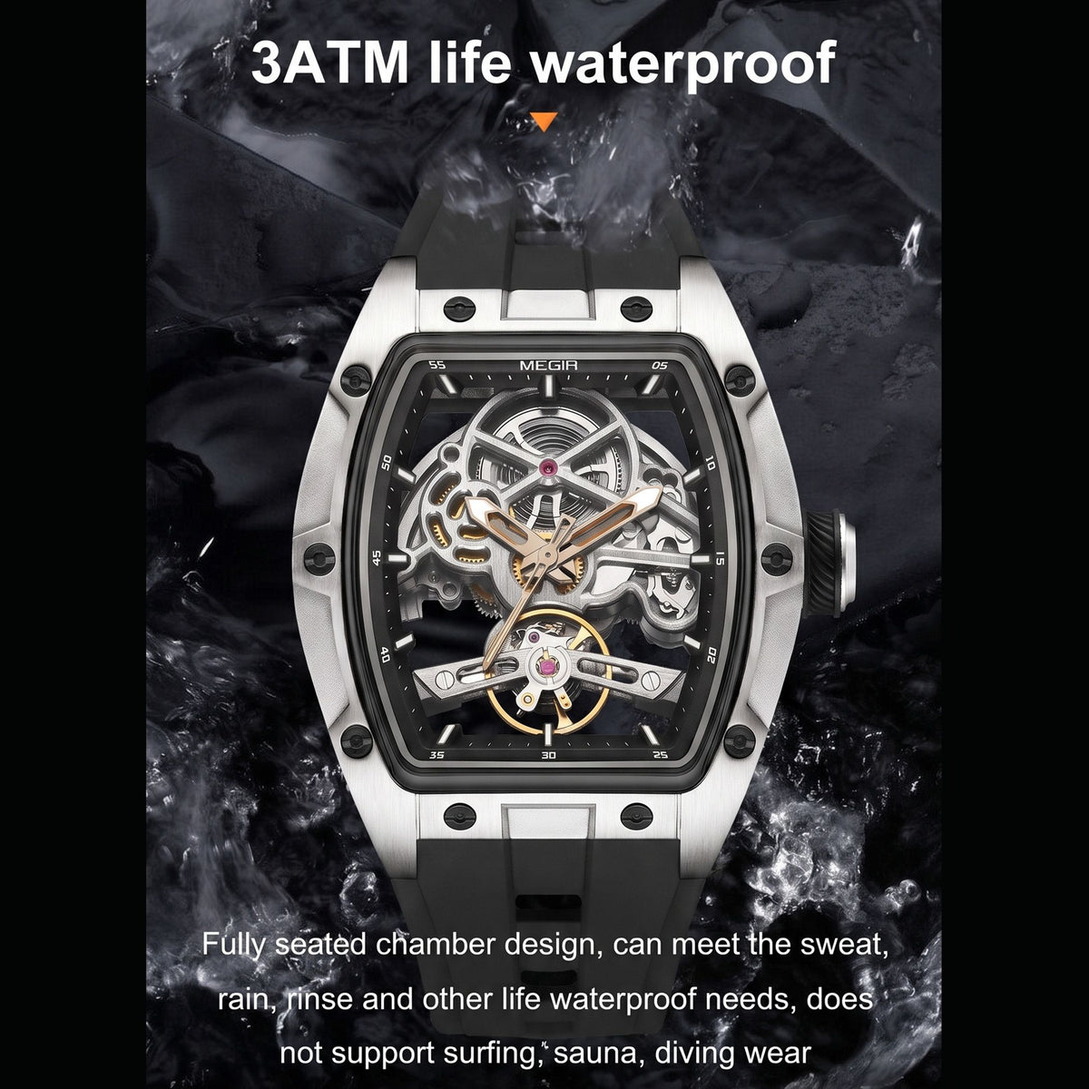 MEGIR Original Fashion Men Watches Automatic Mechanical Watch Steel Case Sport Skeleton Dial Wristwatch Waterproof Clock Reloj Hombre 2242-10