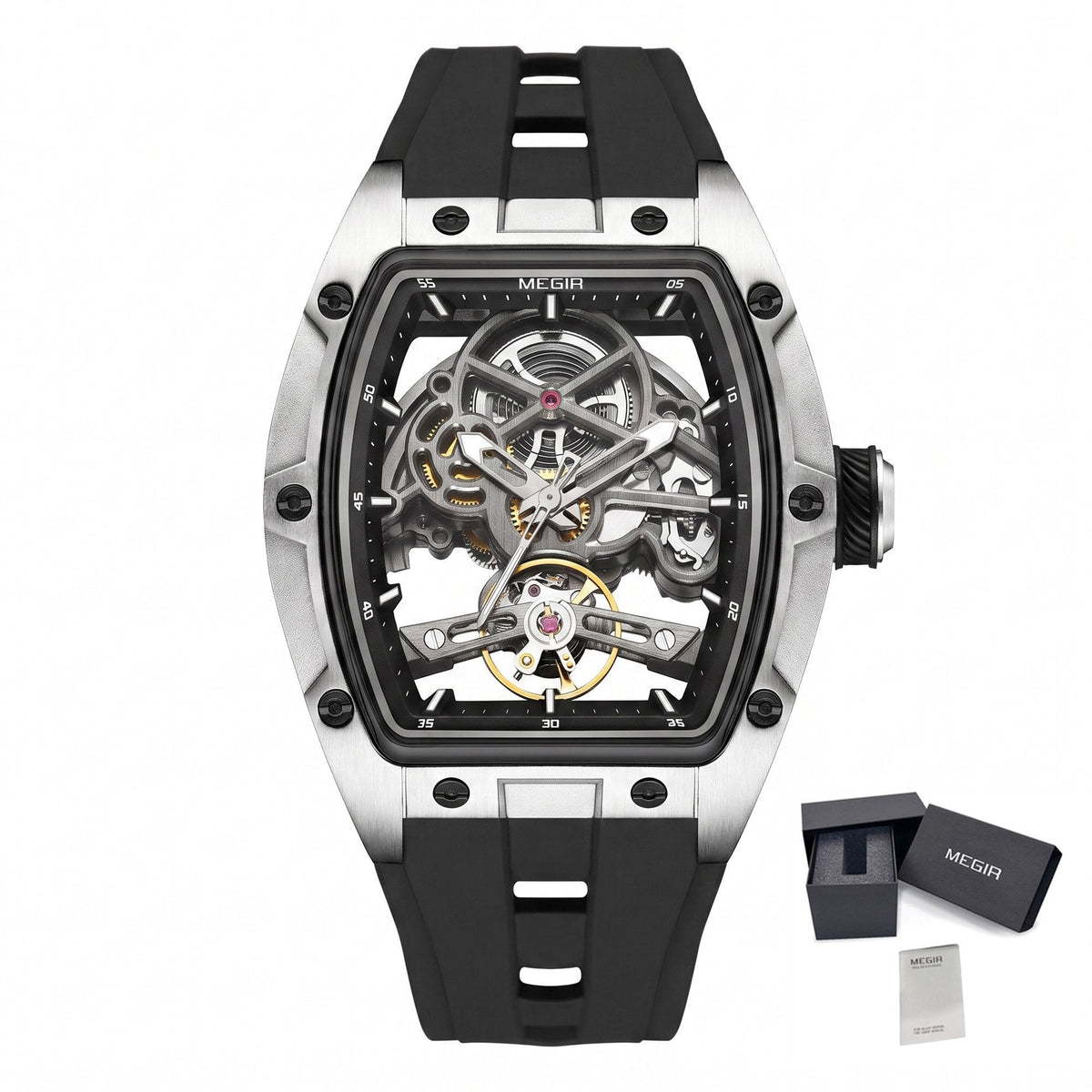 MEGIR Original Fashion Men Watches Automatic Mechanical Watch Steel Case Sport Skeleton Dial Wristwatch Waterproof Clock Reloj Hombre 2242-23