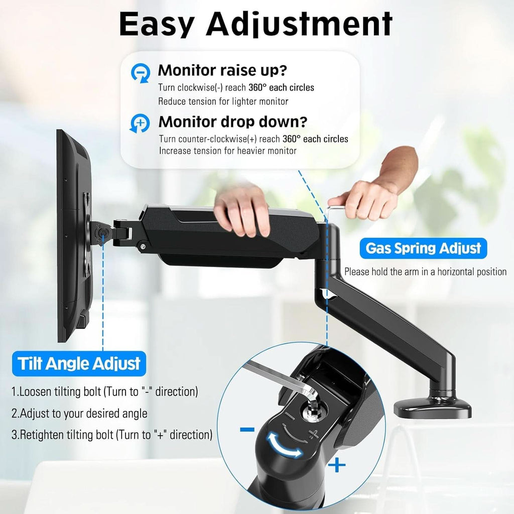 32 Inch Gas Spring Monitor Arm With Clamp VESA Black-1