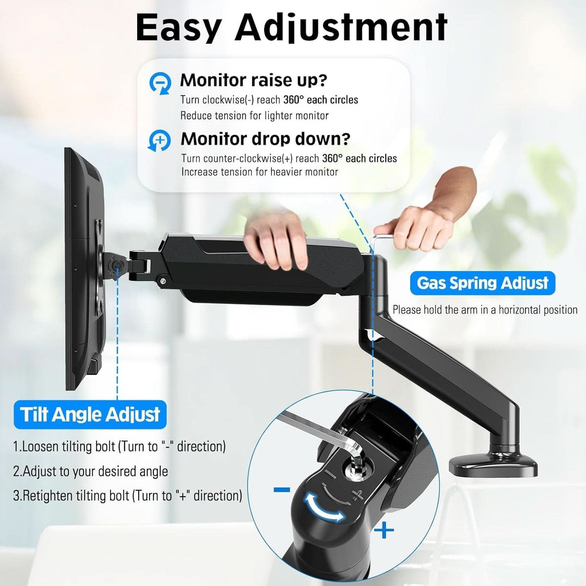32 Inch Gas Spring Monitor Arm With Clamp VESA Black-1