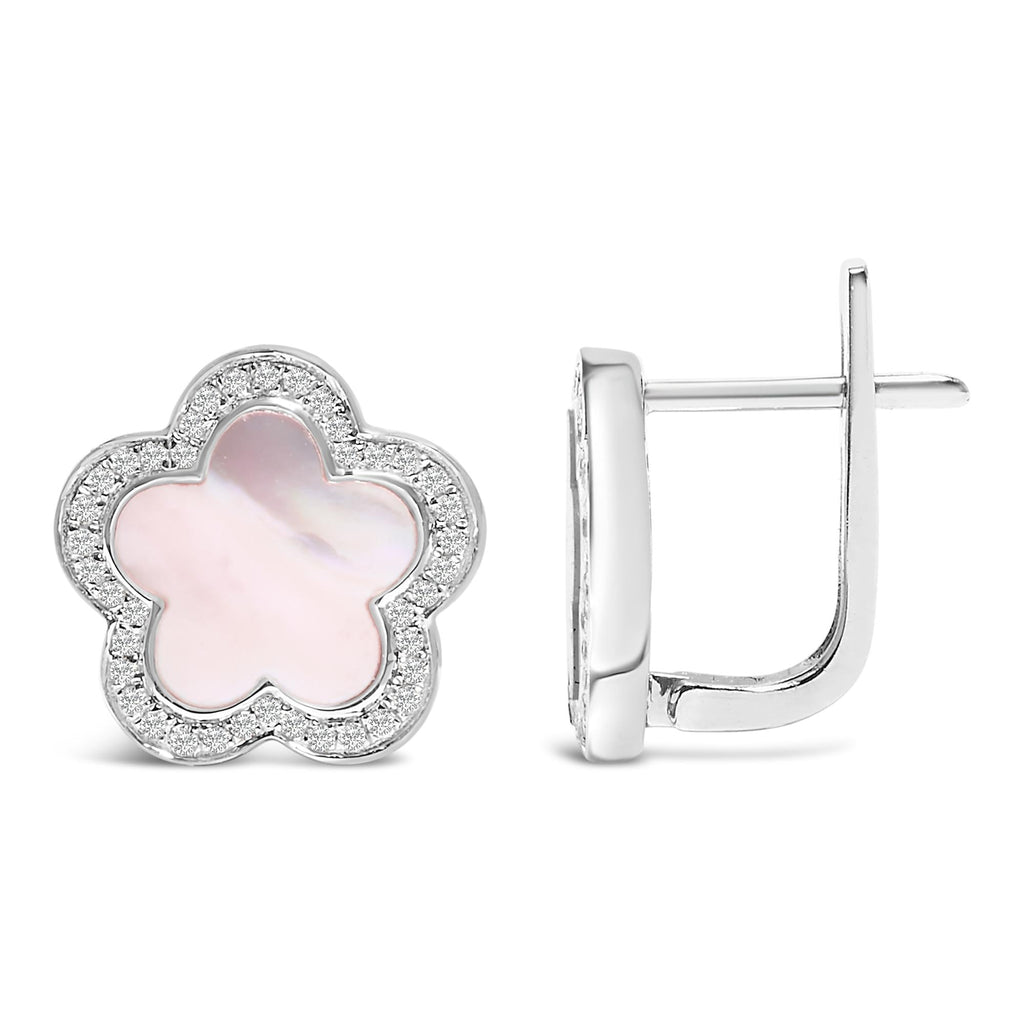 14K White Gold Mother of Pearl and 1/5 Cttw Diamond Halo Star Stud Earrings