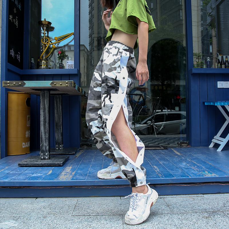 Camo Print High-Waisted Side Button Cuffed Pants