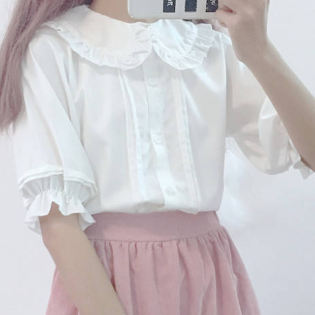 College Style Sweet Ruffle Short Sleeve Women's Top