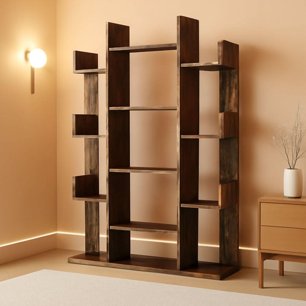 Tree Shaped Bookcase Rustic Brown Tall With 13 Shelves-0