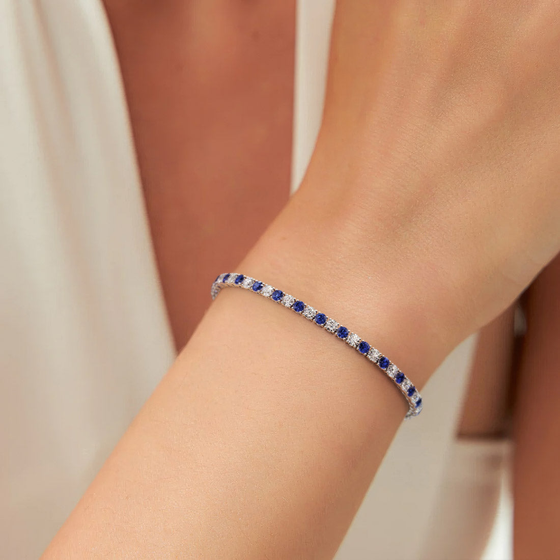 7.50 CTW AGI Certified Lab Created Blue Sapphire & Diamond Tennis Bracelet in 14K White Gold Overlay-2