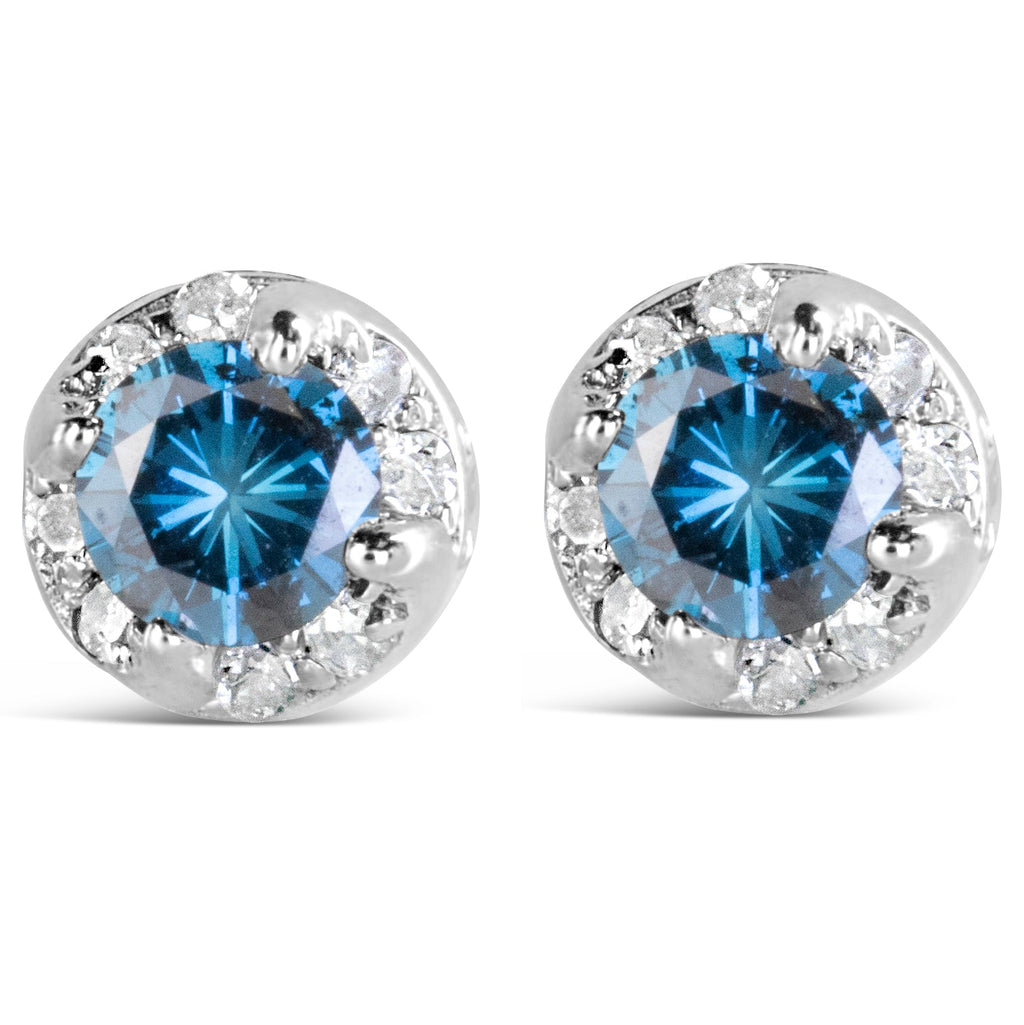 14K White Gold 1.00 Cttw Treated Blue and White Diamond Hidden Halo Stud Earrings (Blue/I-J Color, I2-I3 Clarity)-1