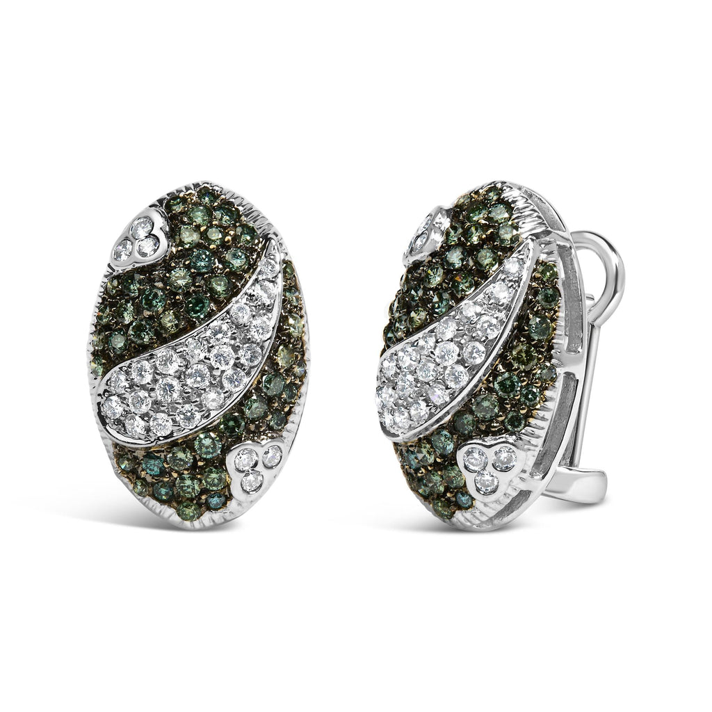 14K White Gold 2.00 Cttw White and Treated Blue Diamond Oval Shield Omega Back Earrings (H-I Color, SI1-SI2 Clarity)-1